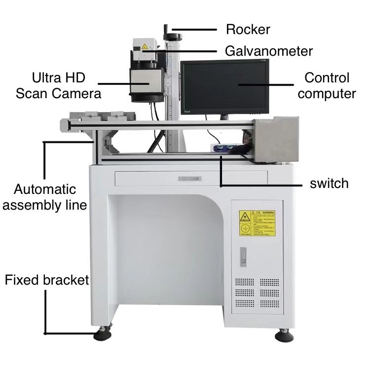 50W CCD Vision Positioning Auto Focus 100W Fiber Laser Marking Machine on Assembly Production Line Conveyor Belt