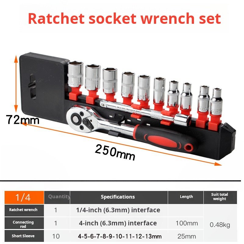 12 Pcs 1/4" Universal Combination Tools Multi Car Repair Tool Kit Hand Tool Spanner Wrench Ratchet Socket Set