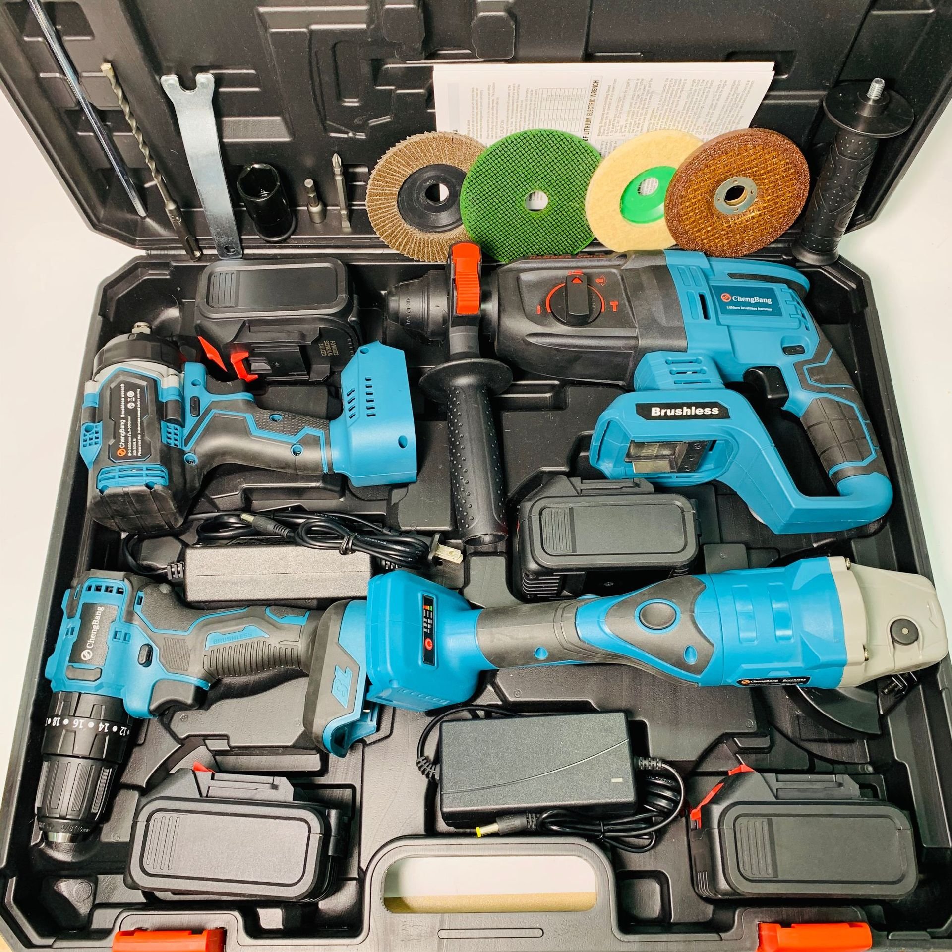 Set of 4pcs Power Tools Rechargeable Lithium Electric Hammer Drill Brushless Angle Grinder Cordless Wrench Combination Tool Set