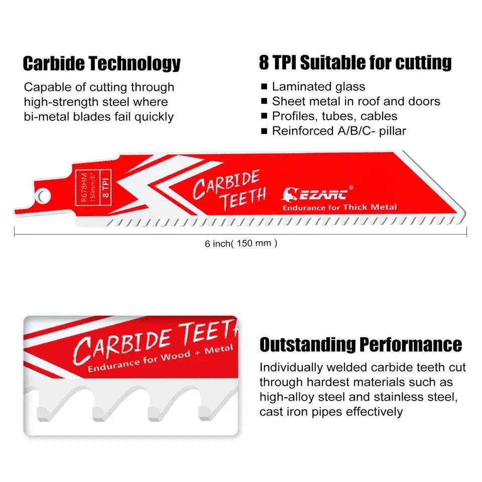 EZARC Carbide Reciprocating Saw Blade 6inch 8TPI Endurance for tick metal, cast Iron, alloy steel