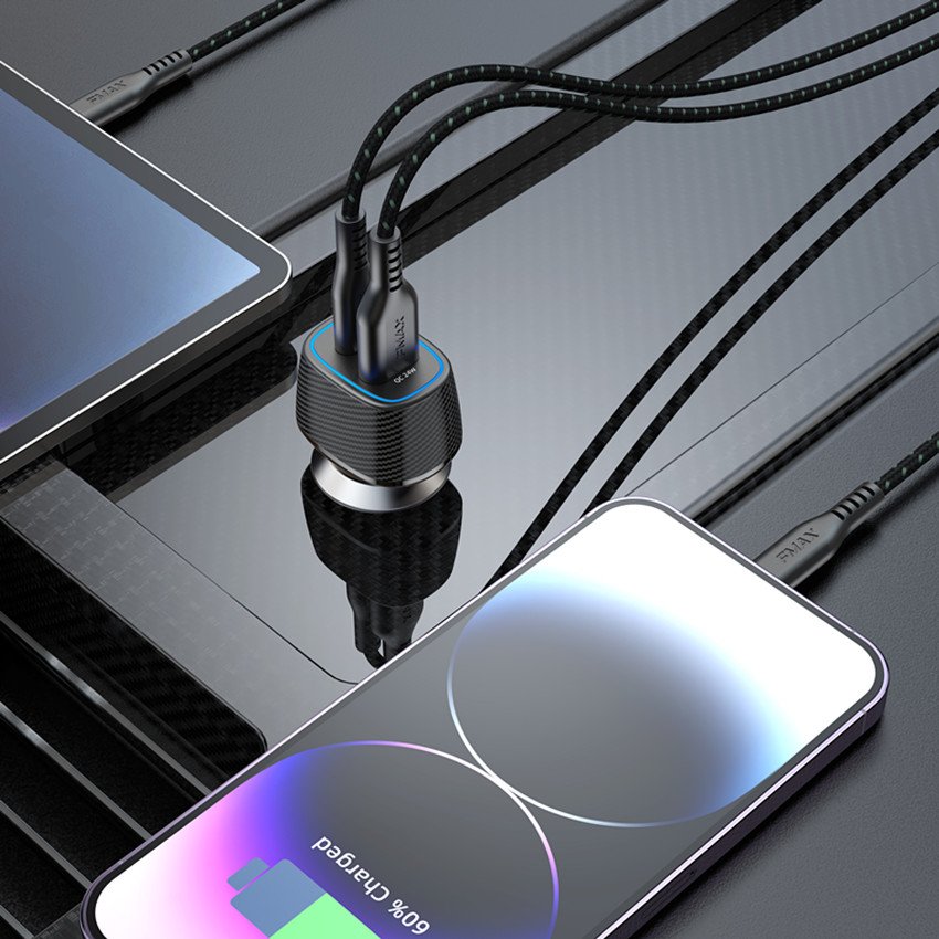 FMAX customized logo PD45W+QC24W MFI car charger set with LED to type c cable 69W car accessories car charger set