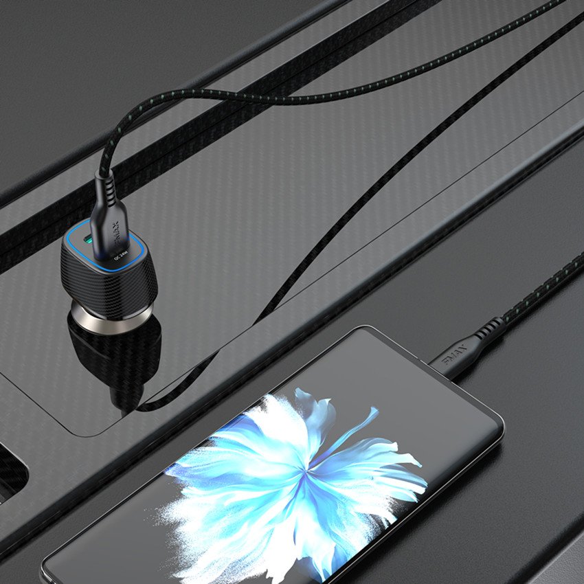 FMAX customized logo PD45W+QC24W MFI car charger set with LED to type c cable 69W car accessories car charger set