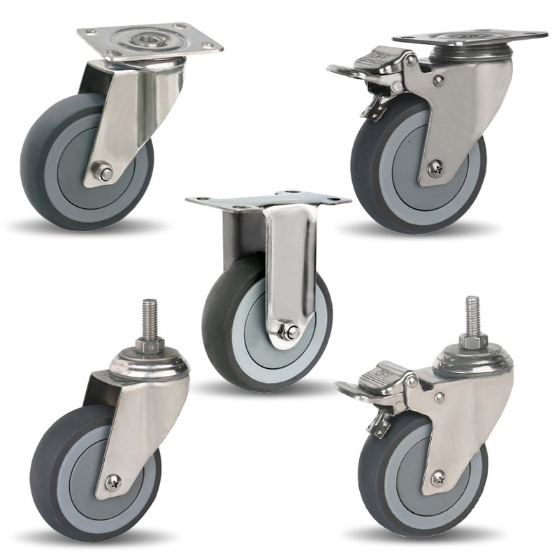 Stainless Steel 3 4 5 Inch Ball Bearing Swivel Thread Stem With Brake TPR Wheels Castors
