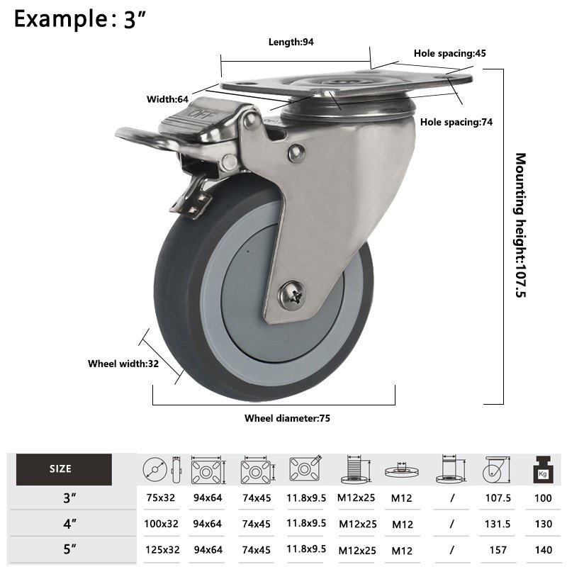 Stainless Steel 3 4 5 Inch Ball Bearing Swivel Thread Stem With Brake TPR Wheels Castors