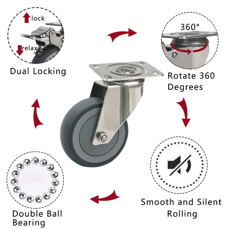 Stainless Steel 3 4 5 Inch Ball Bearing Swivel Thread Stem With Brake TPR Wheels Castors