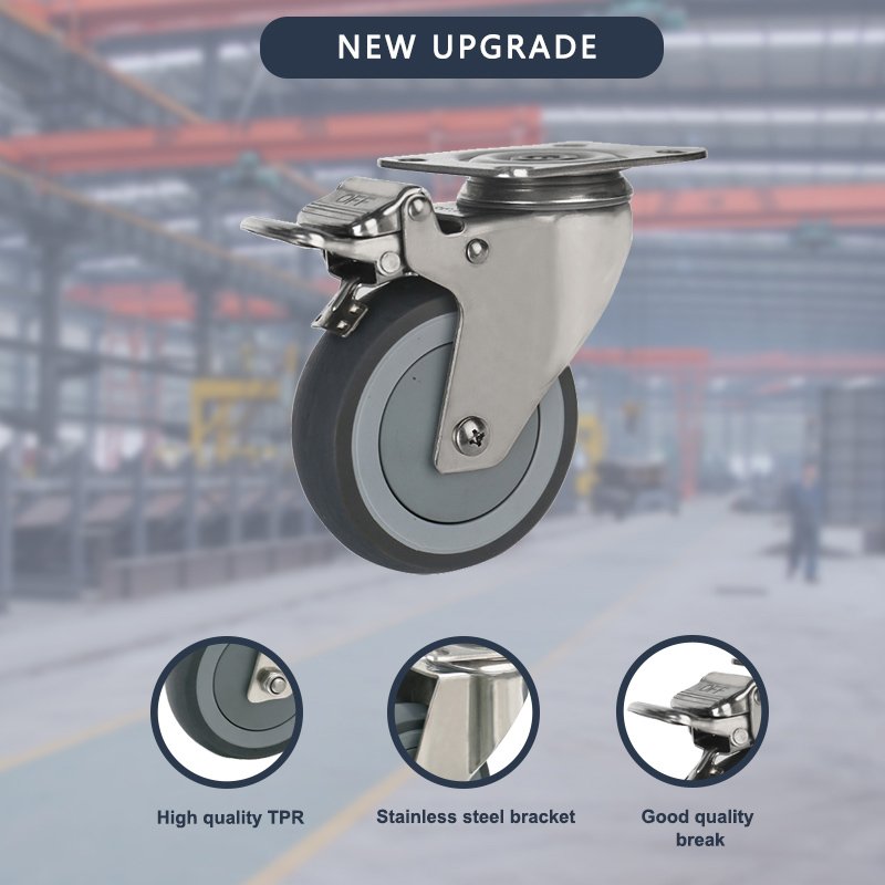 Stainless Steel 3 4 5 Inch Ball Bearing Swivel Thread Stem With Brake TPR Wheels Castors