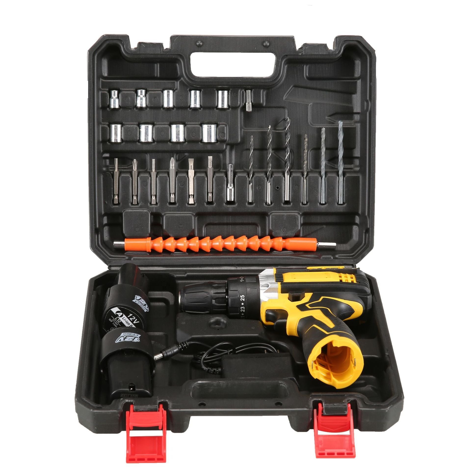 12V lithium battery rechargeable household drill 3-function New power tool hand drill set lithium Yellow impact drill set
