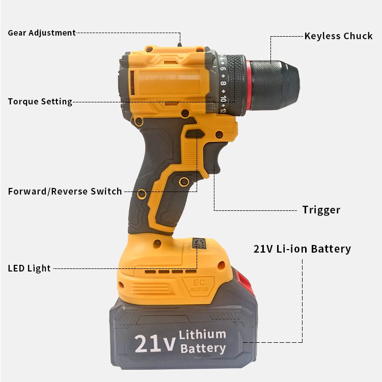 4.0Ah Battery Powered Drilling Tools 21V Power Drill with LED Light 2 Gear Adjustment Keyless Chuck Cordless Electric Drill