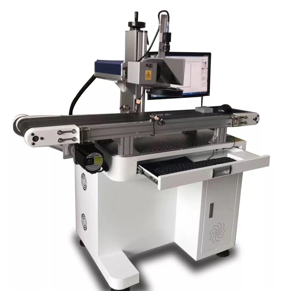 30W CCD Vision Positioning 50W Auto Focus Fiber 100W Laser Marking Machine on Assembly Production Line Conveyor Belt