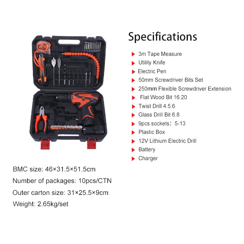 34 Pcs Hand Tool Kit Power Tools Home Repair Used With Lithium Electric Drill
