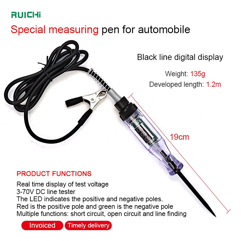 Premium Digital LED Automotive Circuit Tester DC 3V-70V with Portable PU Extended Spring Wire