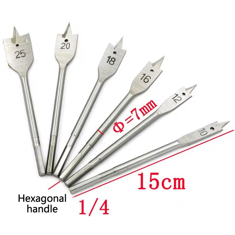6Pcs/Set Wood Flat Drill Sets 10mm 12mm 16mm 18mm 20mm 25mm Flat Wood Boring Drill Bit Set Power Tools Accessory With Hex Shank