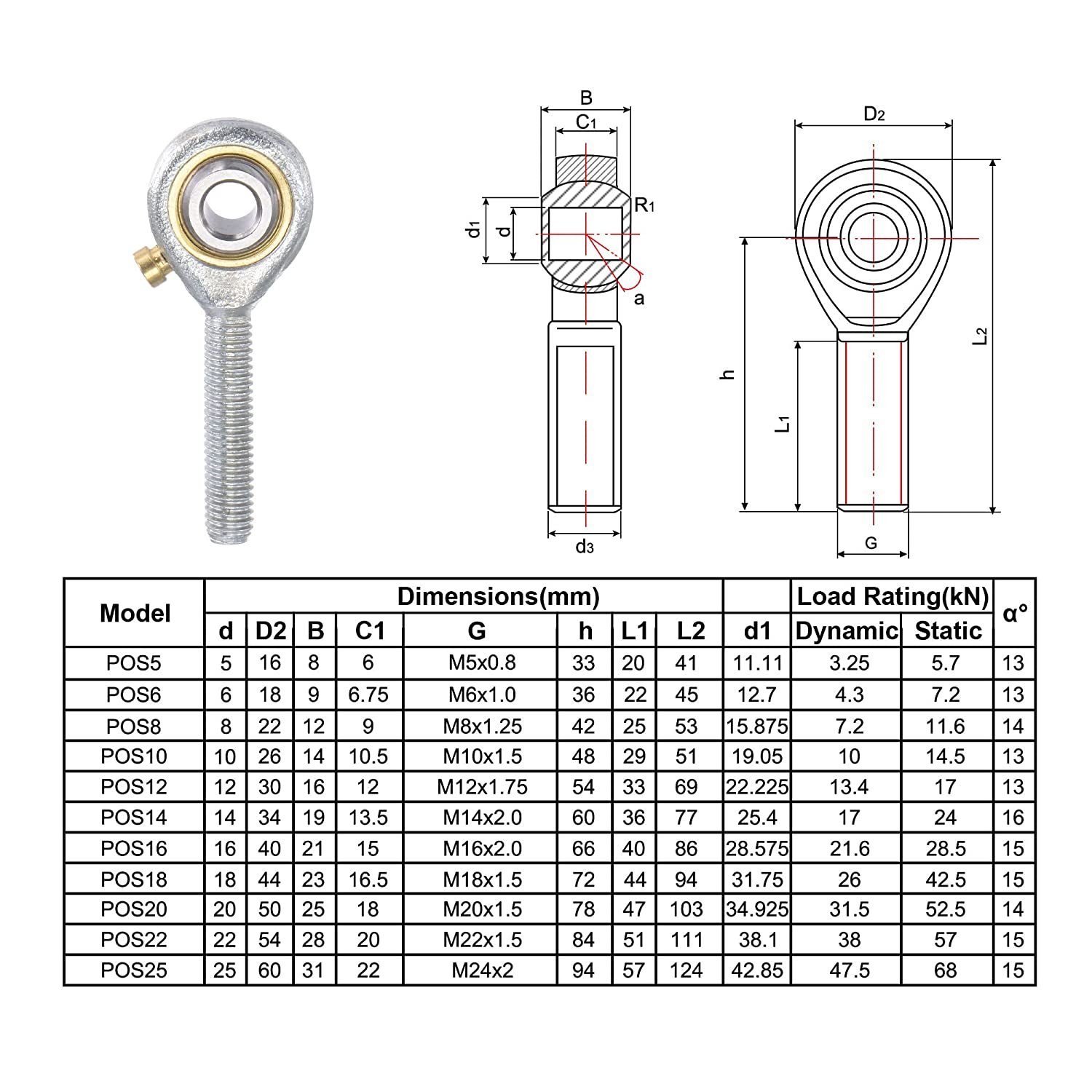 2pcs POS14 Spherical Rod End Bearing 14mm Bore Self-Lubricated Joint Bearing M14x2.0 Left Hand Male Thread Connector