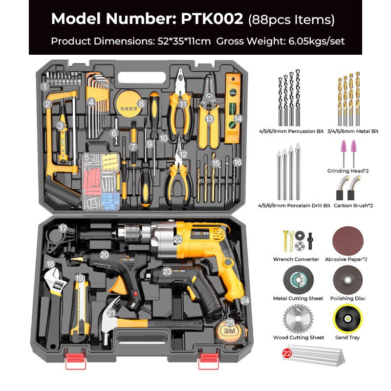 Professional Tool Kit Box Electric Power Combo Household Tool Set Tool Kit with Cordless Power Drill