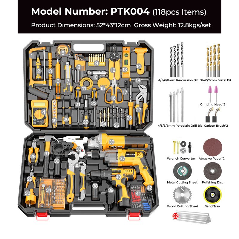 Professional Tool Kit Box Electric Power Combo Household Tool Set Tool Kit with Cordless Power Drill