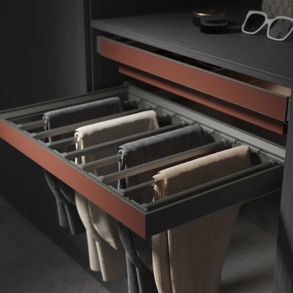 Wardrobe Leather Logo customized available pants rack movable rod pull out trouser pants hanger organizer