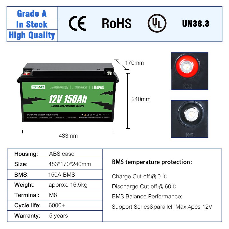 OTAO Lithium Ion Battery Pack Baterias De Litio 48V 24V 12V 150AH 100AH 200AH 50AH Lipo Batteries Lifepo4 Energy Storage Battery