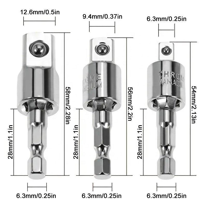 3pc wind screwdriver sleeve 360 degree universal adapter hexagonal to square head connecting rod power tool accessory set