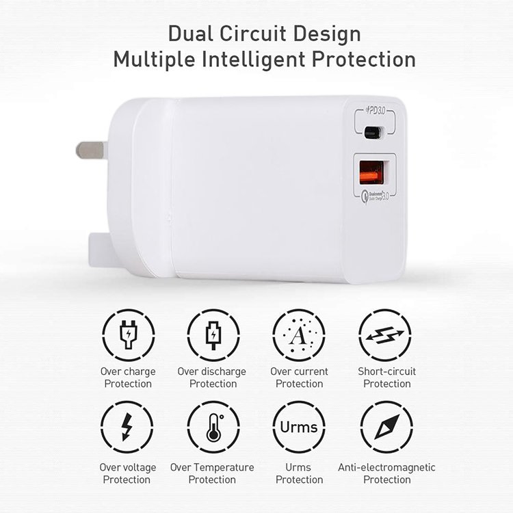 Gadgets Electronic Wall Charger Travel Adapter Mobile Phone Charging Head Type C + USB A PD+QC 20W Fast Charging USB UK Plug