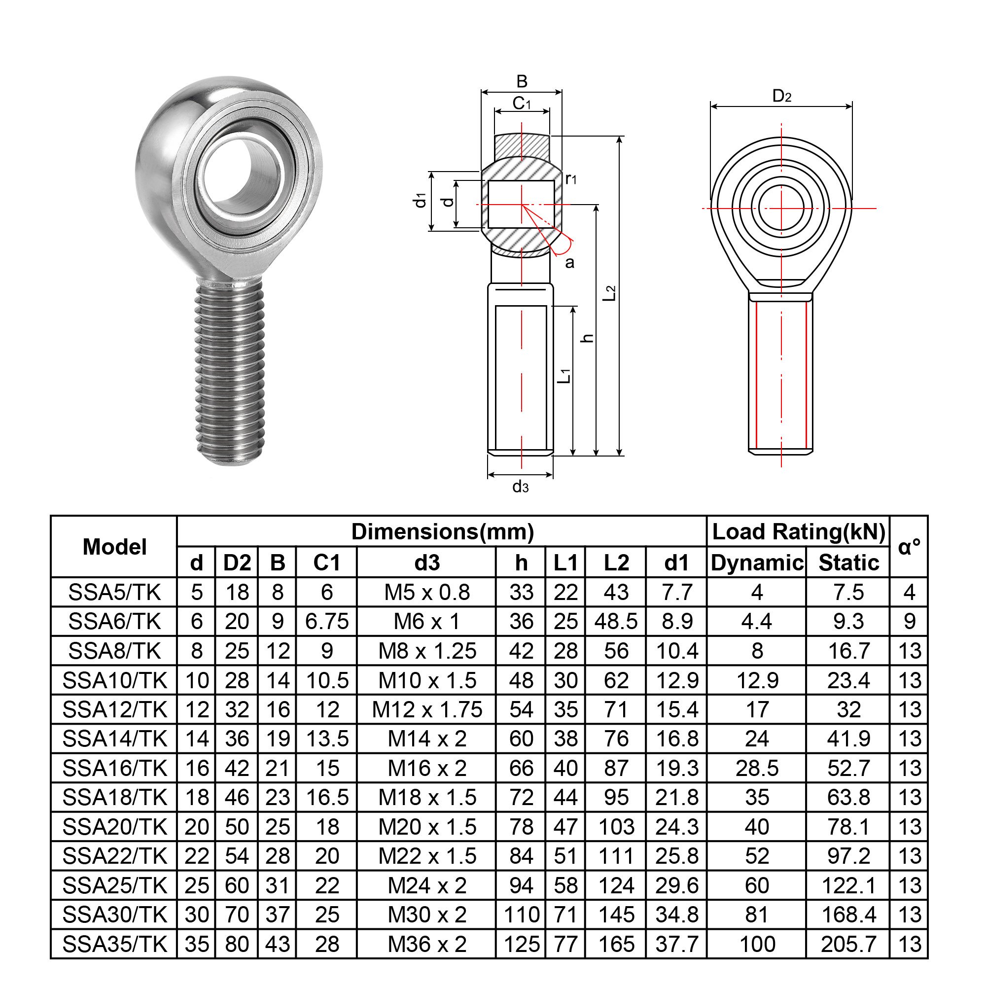 14mm Bore Right Hand Male Thread M14x2 Stainless Steel Rod End Bearing