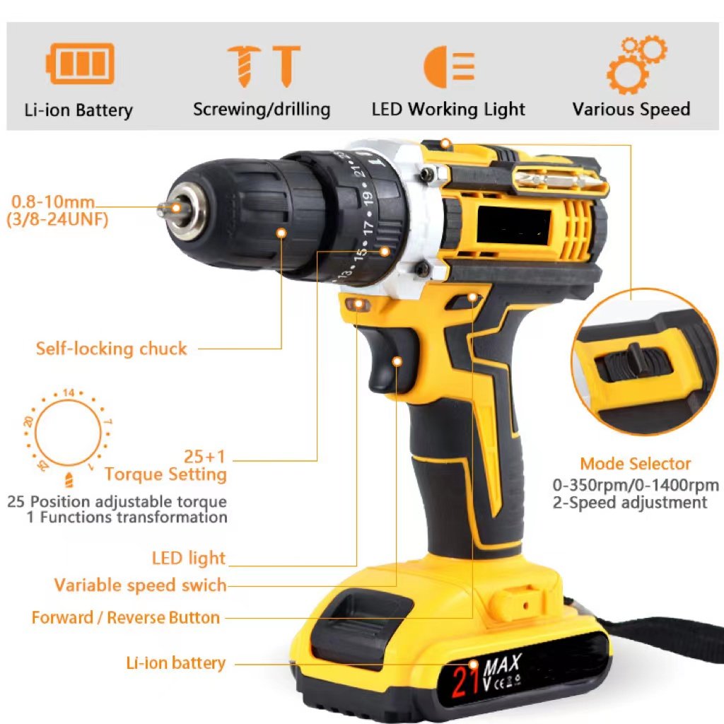 high quality 21v cordless power wireless drill electric drill machine mini electric drill electric tool set