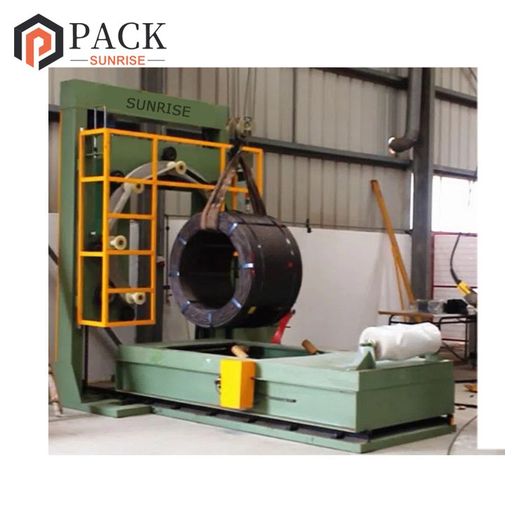 Auto Steel Wire Coil Wrapping Machine With Knit Tape PP Woven Metal Coil Wrap Packing Machine With Trolley