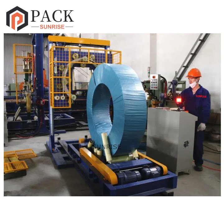Auto Steel Wire Coil Wrapping Machine With Knit Tape PP Woven Metal Coil Wrap Packing Machine With Trolley