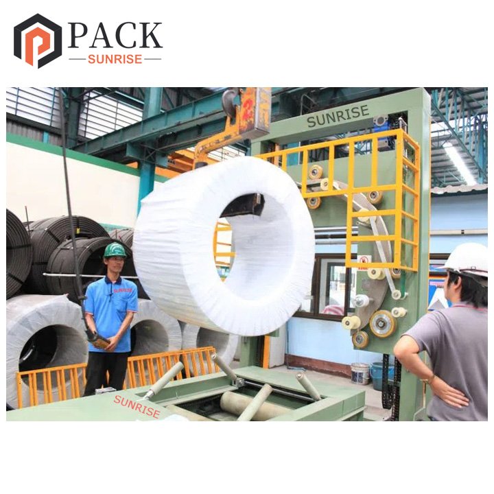 Auto Steel Wire Coil Wrapping Machine With Knit Tape PP Woven Metal Coil Wrap Packing Machine With Trolley