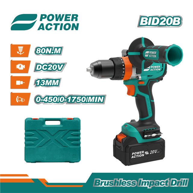 Power Action DC20V Portable Battery Brushless Motor Cordless Impact Drill With 20 Torque Adjustment