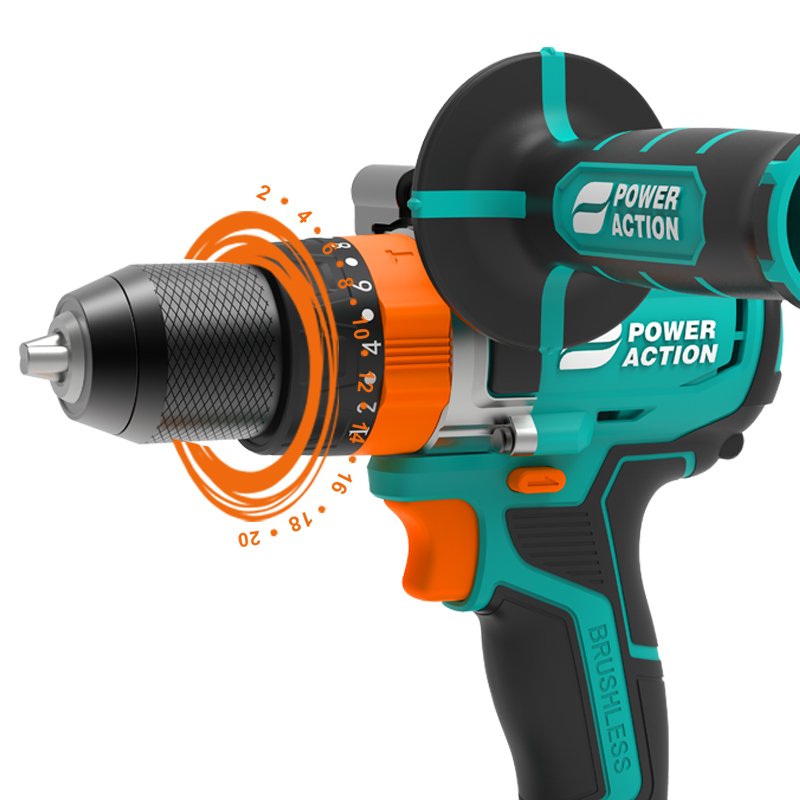 Power Action DC20V Portable Battery Brushless Motor Cordless Impact Drill With 20 Torque Adjustment