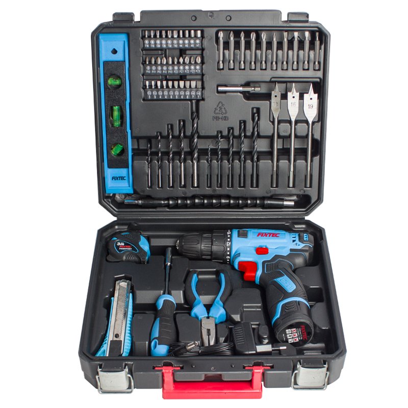 FIXTEC Power Tools 12V 1500mAh Li-ion Battery Drill Tools Electric Wireless 10mm Cordless Drill Kit with 60pcs Accessories