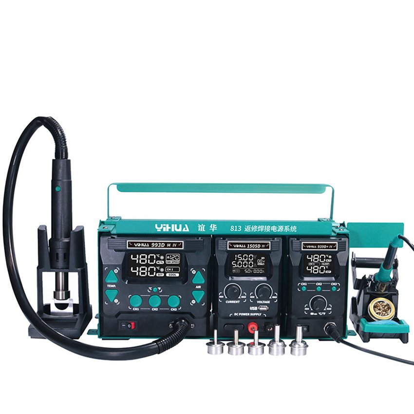 813 3 Machines Combination Repair Station Adjustable Temperate Digital Display Internal Heat Hot Air Soldering Rework Station