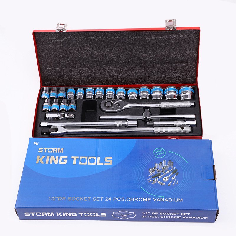 24pcs Packaging metal box 1/2" Auto Repair Tools Set Socket Wheel Spanner Repair socket tool sets For Car Bicycles Tool Set