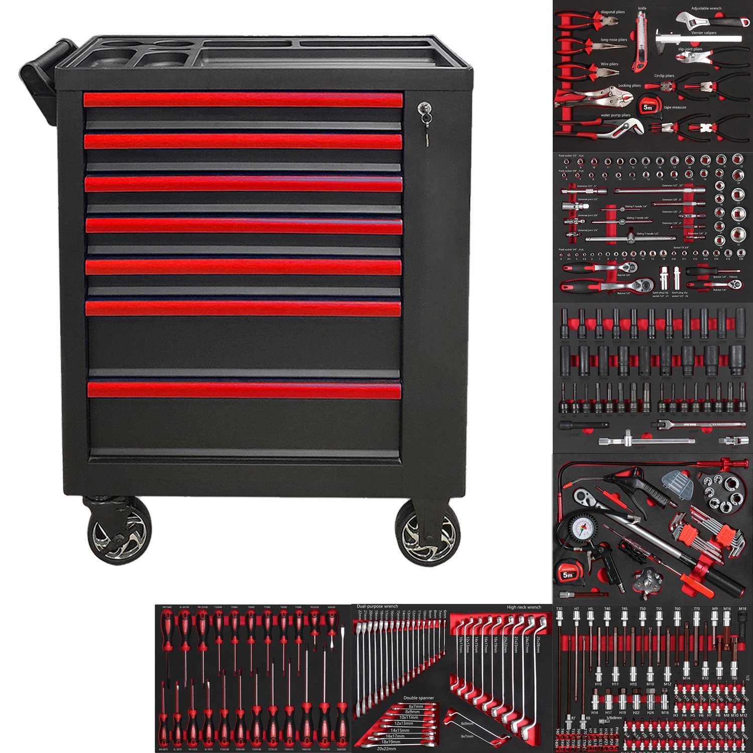284 PCS Professional Auto Repairing Tools In Red EVA Foam Tray For Tool Trolley Automotive Repair Tools Garage Equipment