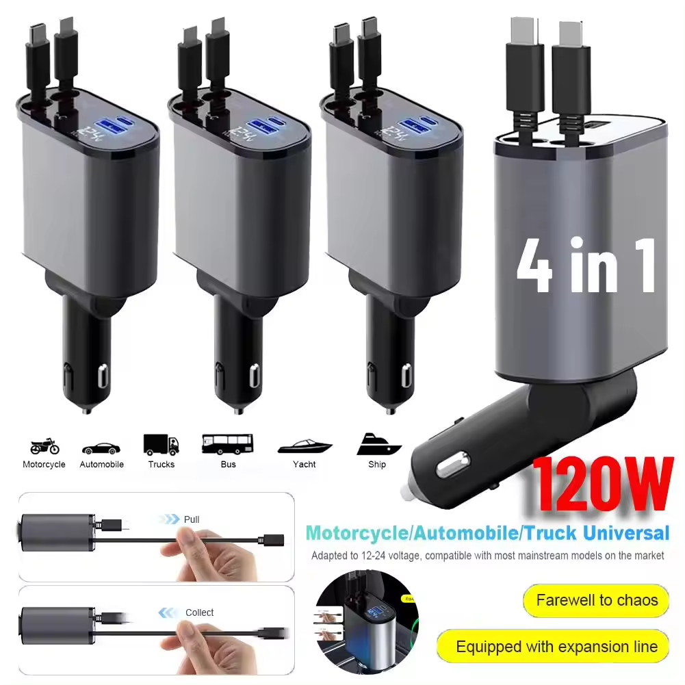 Multi functional Mobile Phone Accessories 4 In 1 Cable Retractable Car Charger Quick Charging with telescopic cable