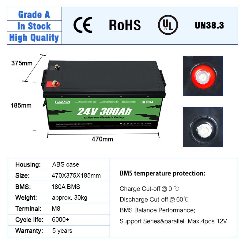 OTAO Lifepo4 Lithium Ion Battery Pack Deep Cycle Lipo Batterie For Forklift 24V 300AH 100AH 12V 50AH Energy Storage Battery Cell