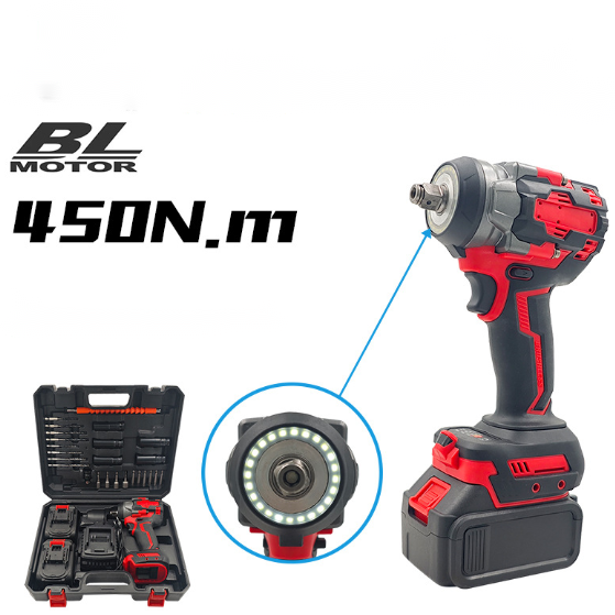 21v 350nm 450nm brushless motor wrench tools with 2 battery(10 cells 1300mah=21v 2.6ah=88VF) 1 charger and accessories