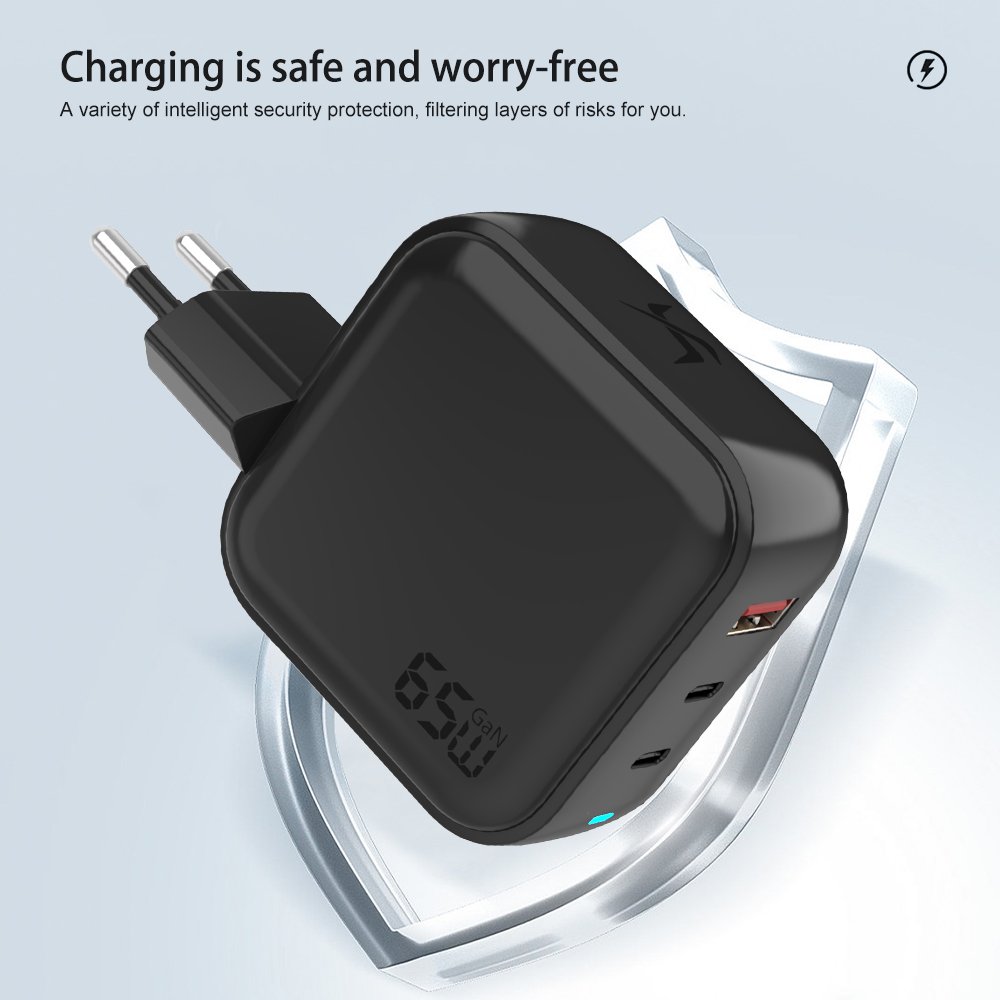 EU Plug High End 3 Ports GaN USB Type C Wall Charger Super Fast 65W Phone charging Power Adapter