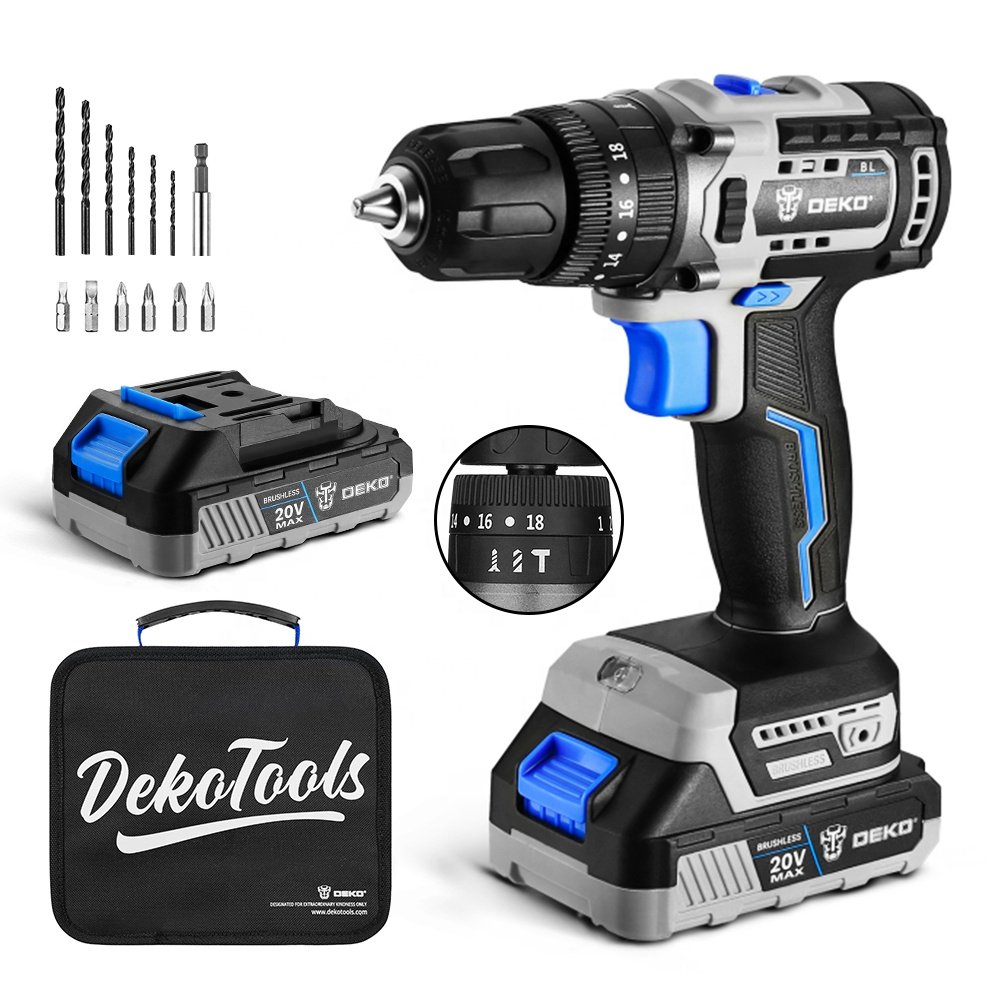 DEKO DKBL20ID01-B10S2 Brushless Impact Battery Drill With Accessories 20V 18+3 1700RPM Wholesale Power Tools For Woodworking