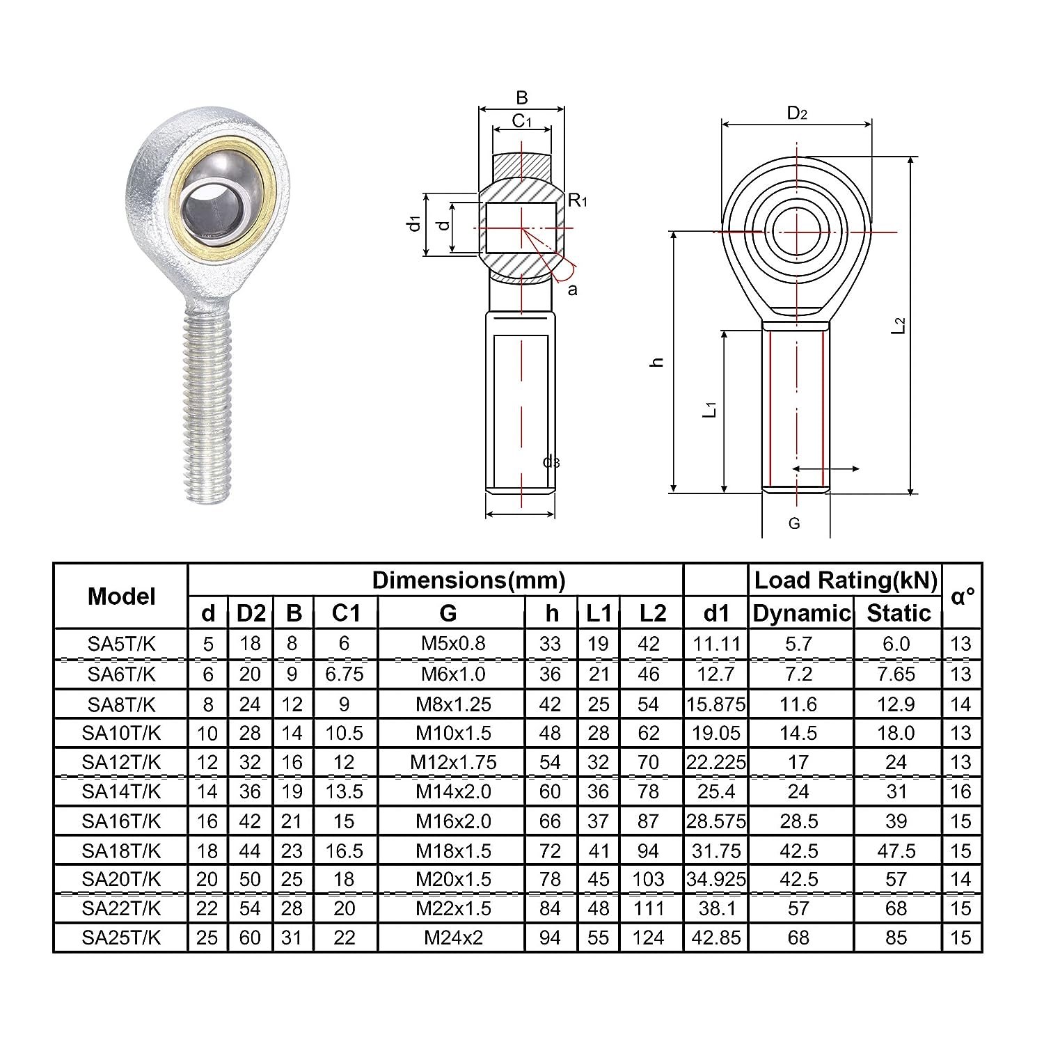 Self-lubricating Rod End Joint Bearing Suppliers SA6TK SA8T/K SA10TK SA14T/K SA18TK SA20T/K SA25TK SA30T/K