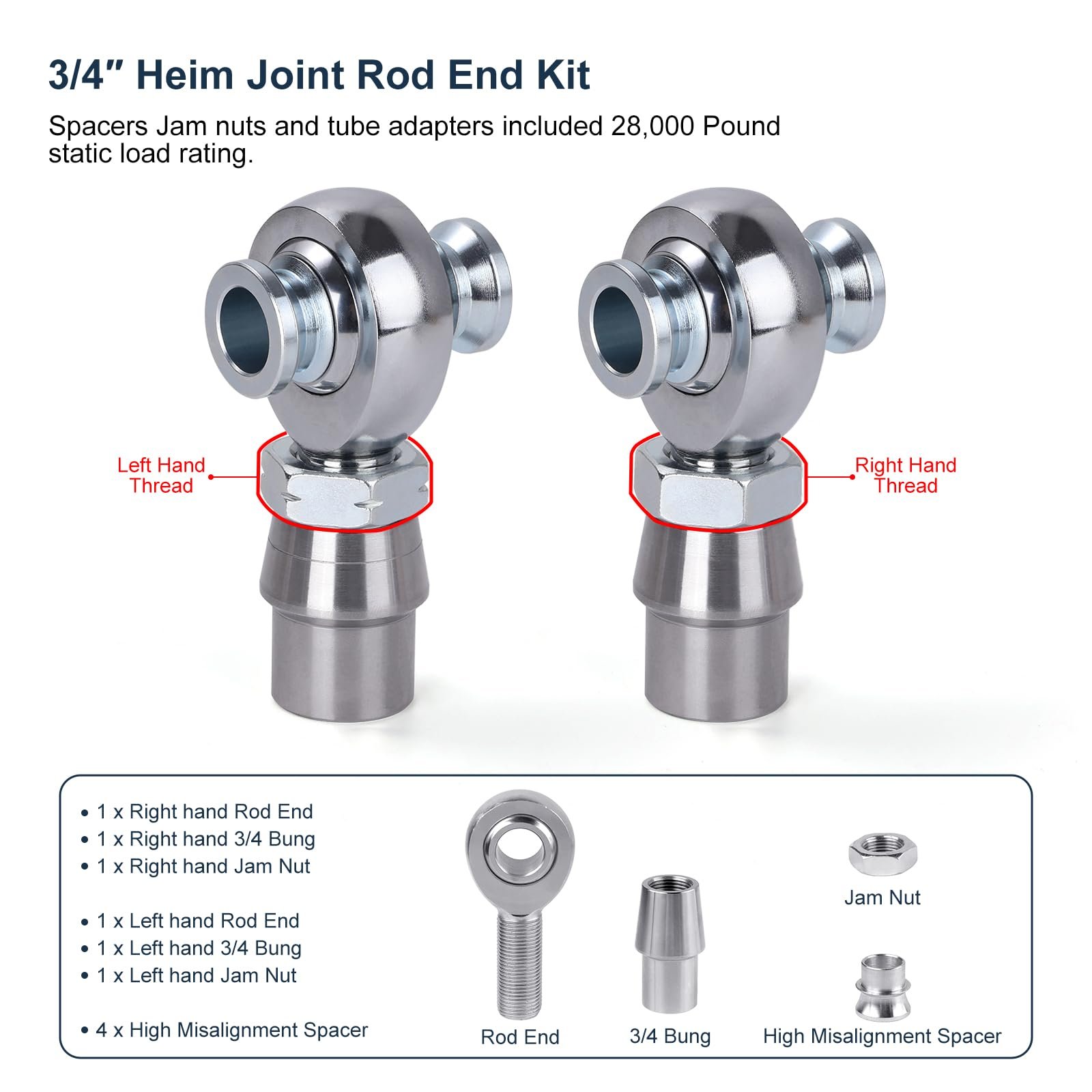 3/4" Heim Joint Rod End Kit with High Misalignment Spacers Heims 750" Chromoly Joints Left and Right Hand Thread Panhard Kit