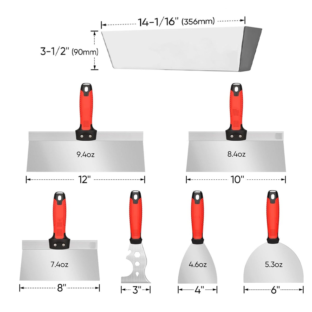 Drywall Knife Set Stainless Steel Drywall Hand Tool Kit Includes Putty knife,Taping knife, Painter Scraper Tool & 12" Mud Pan