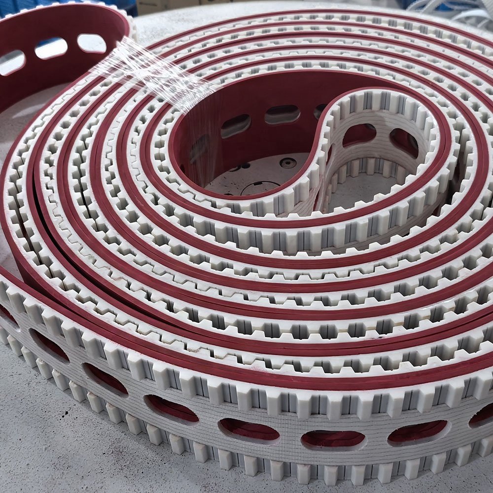 Seamless T20 Pu timing belt with red rubber coating on back tooth face grooved milling for transmission