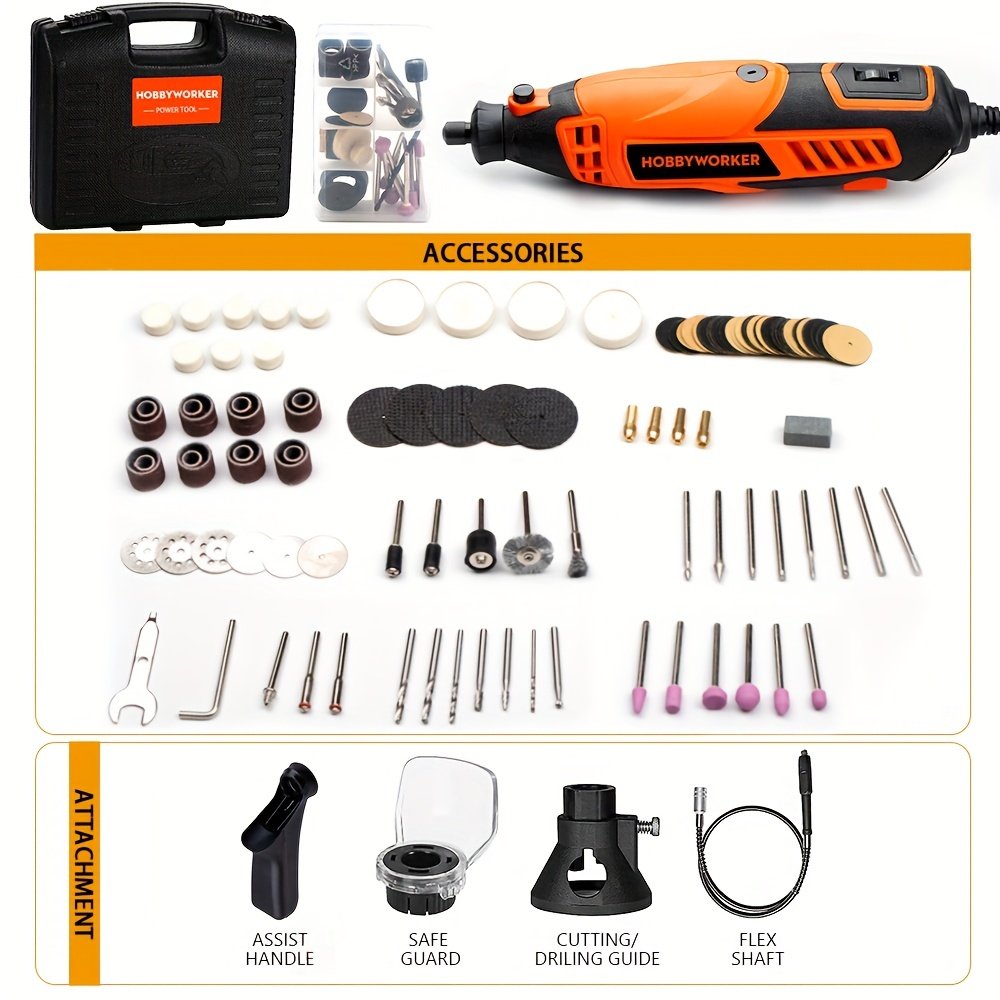 he Hobbyworker Rotary Tool Kit With 129pcs Accessories, 110V 160W Power Rotary Tool with Flexible Shaft & Accessories