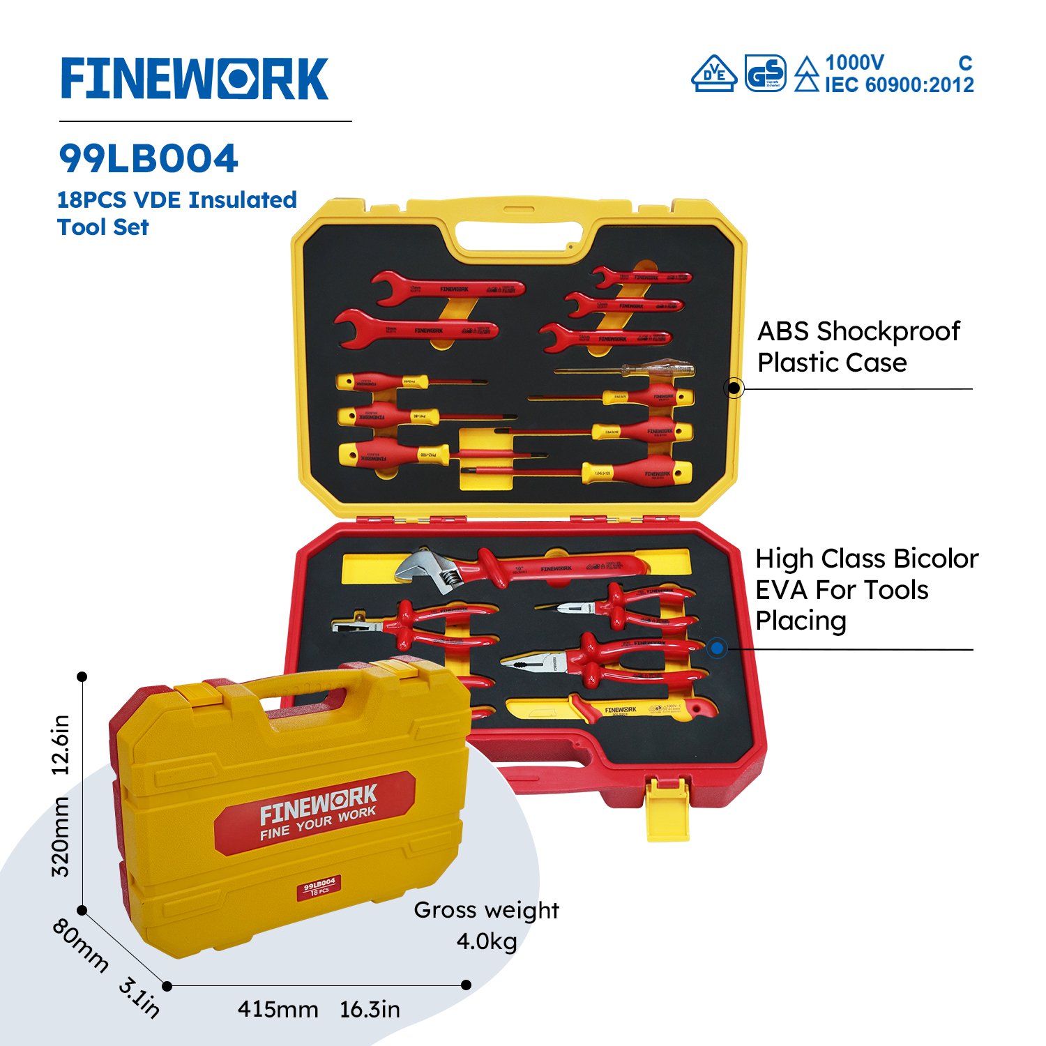 99LB004 Professional Electrician Finework Mechanic 1000V Hand 18PCS VDE Insulated Tool Set