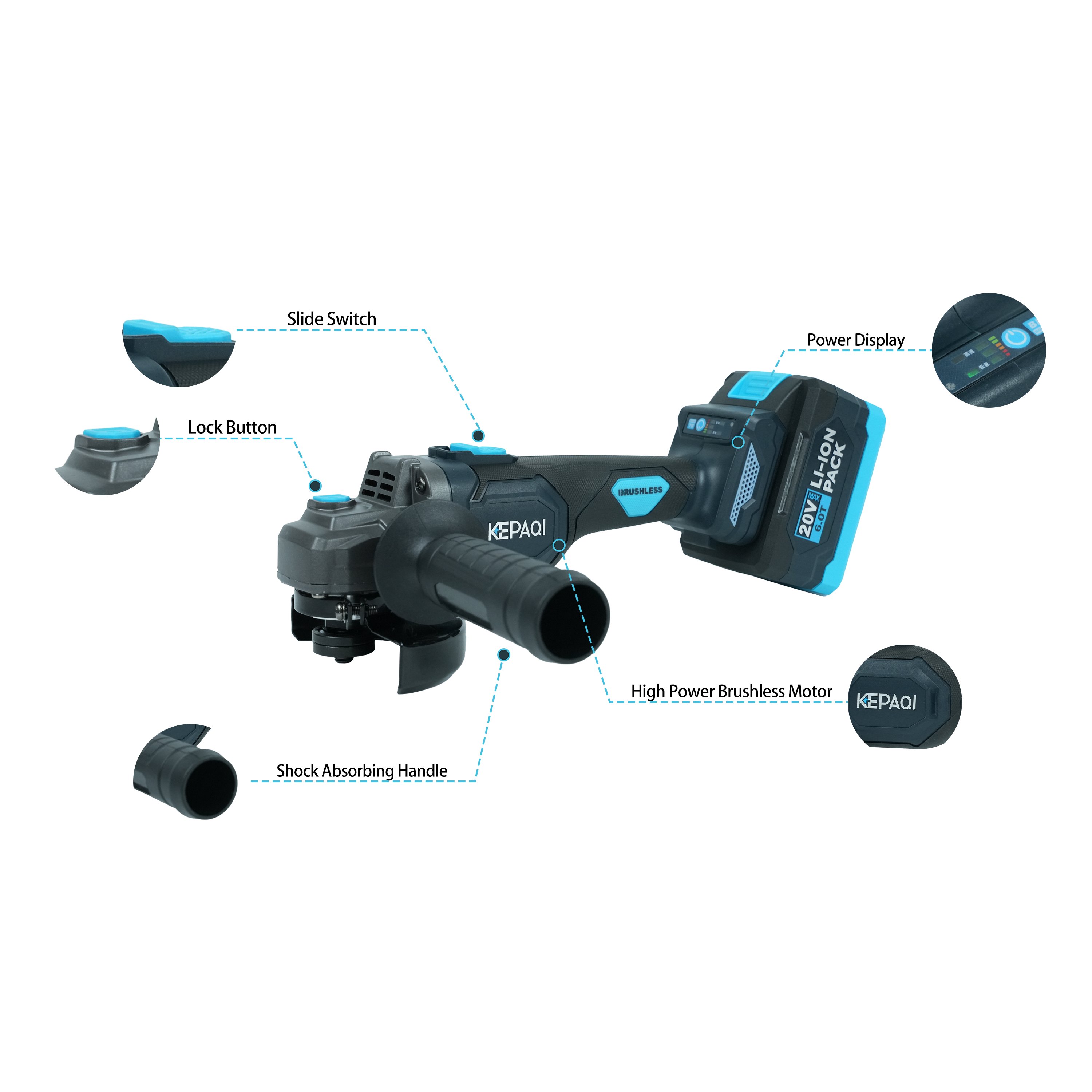 KEPAQI Professional Cordless Tool 20V 3.0Ah brushless angle grinder High Quality 110mm