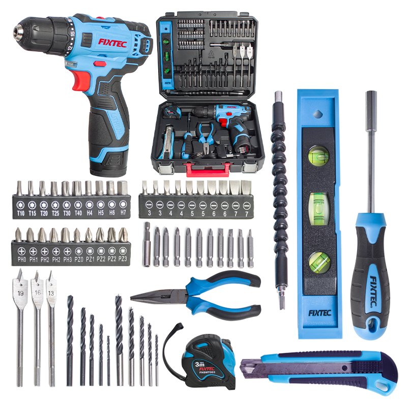 FIXTEC 12V Cordless Drill Kit Machine Set Hand Tools and Power Tools with 60pcs Accessories Electric Tools for Electrician