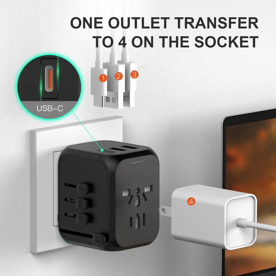 Universal travel adapter with power bank travel accessories gift travel plug adapter type c adaptador enchufe