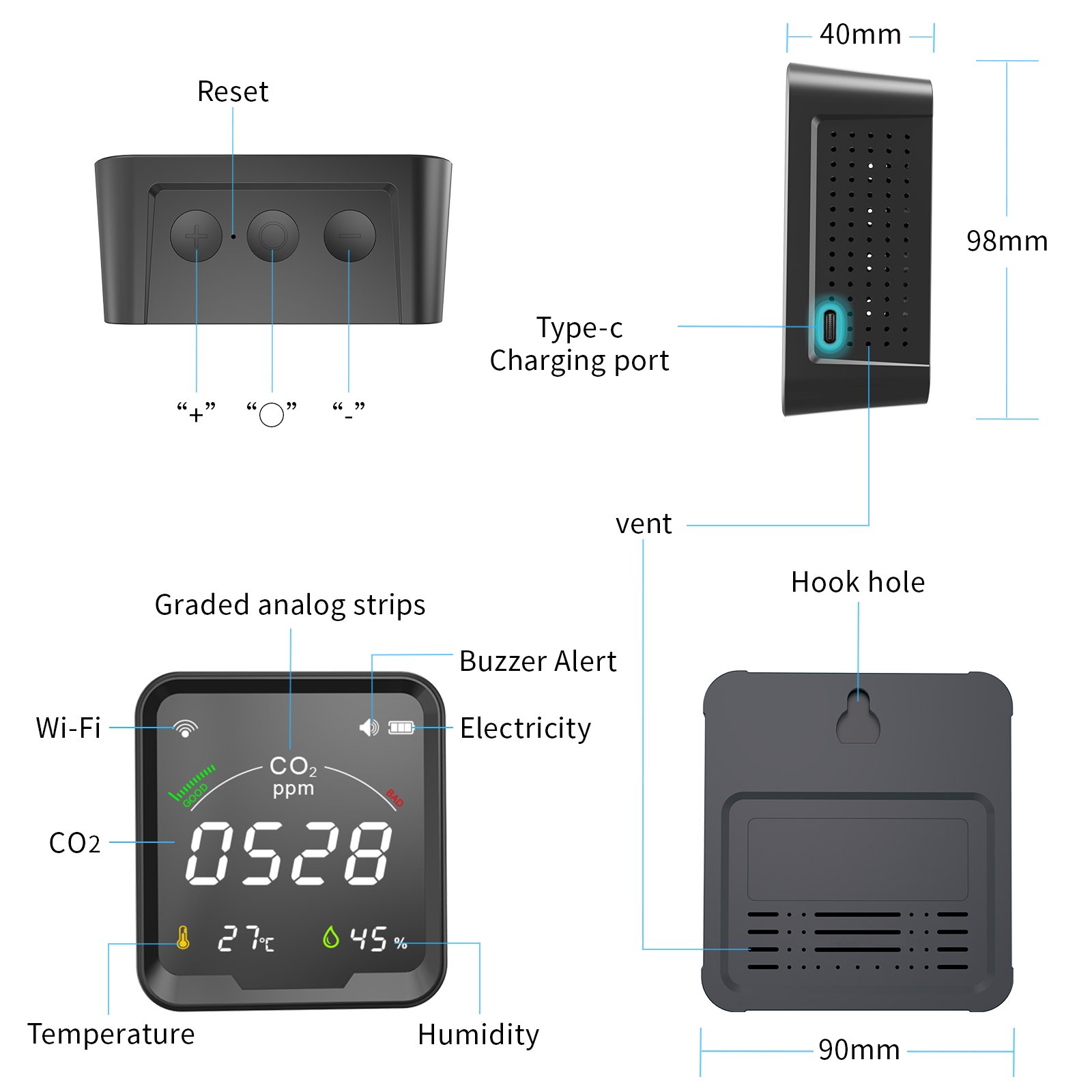 Portable carbon dioxide detector Ndir WIFI CO2 meter indoor air quality monitor