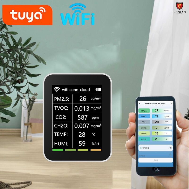 Tuya WiFi Air Quality Monitor 6-in-1 Indoor Carbon Dioxide Sensor Detector,PM2.5/TVOC/CO2/CH2O/TEMP/HUMI